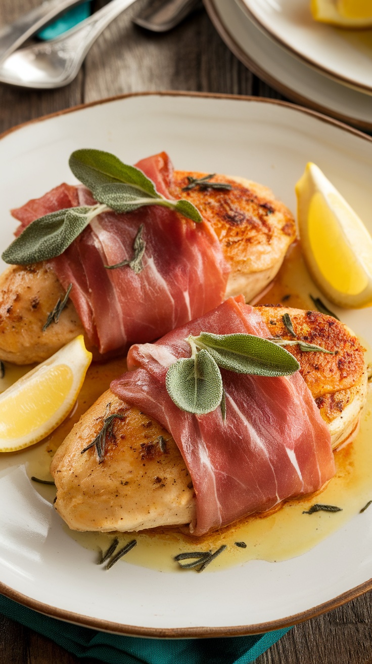 Savory Chicken Saltimbocca Recipe Plate of Chicken Saltimbocca with prosciutto, sage, and white wine sauce, garnished with lemon wedges.